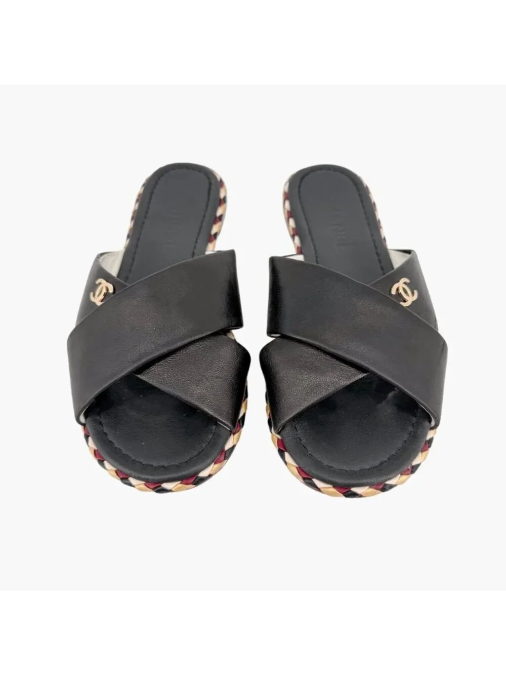 Chanel CC Braided Slide Sandals Black Leather Size 39C US 8-8.5 Wide Flat Mule